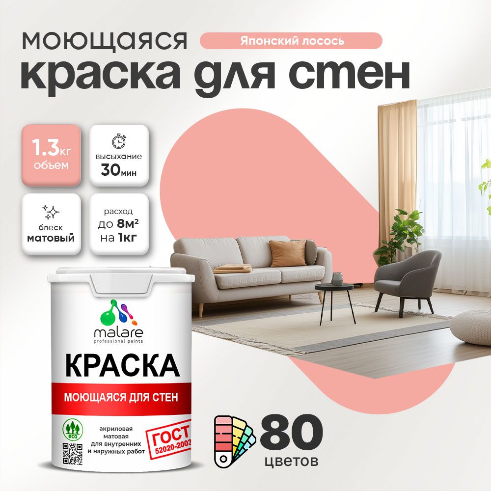Акриловая моющаяся краска для стен и потолков Malare ГОСТ