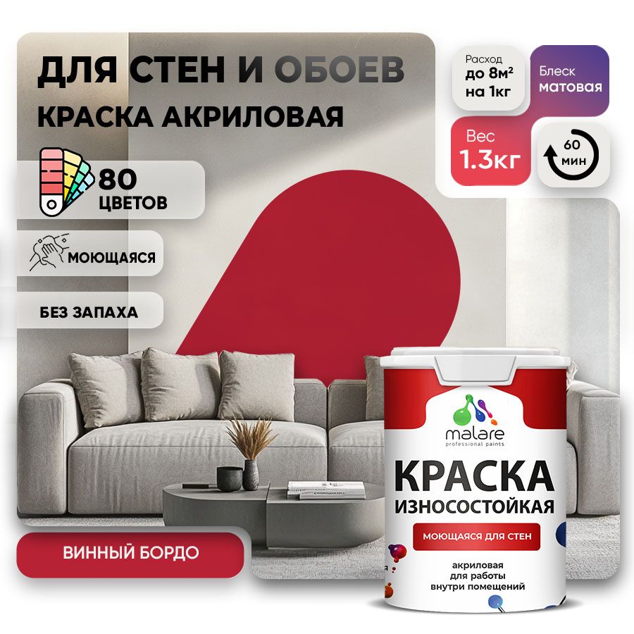 Акриловая износостойкая краска для стен и обоев Malare RESISTANT
