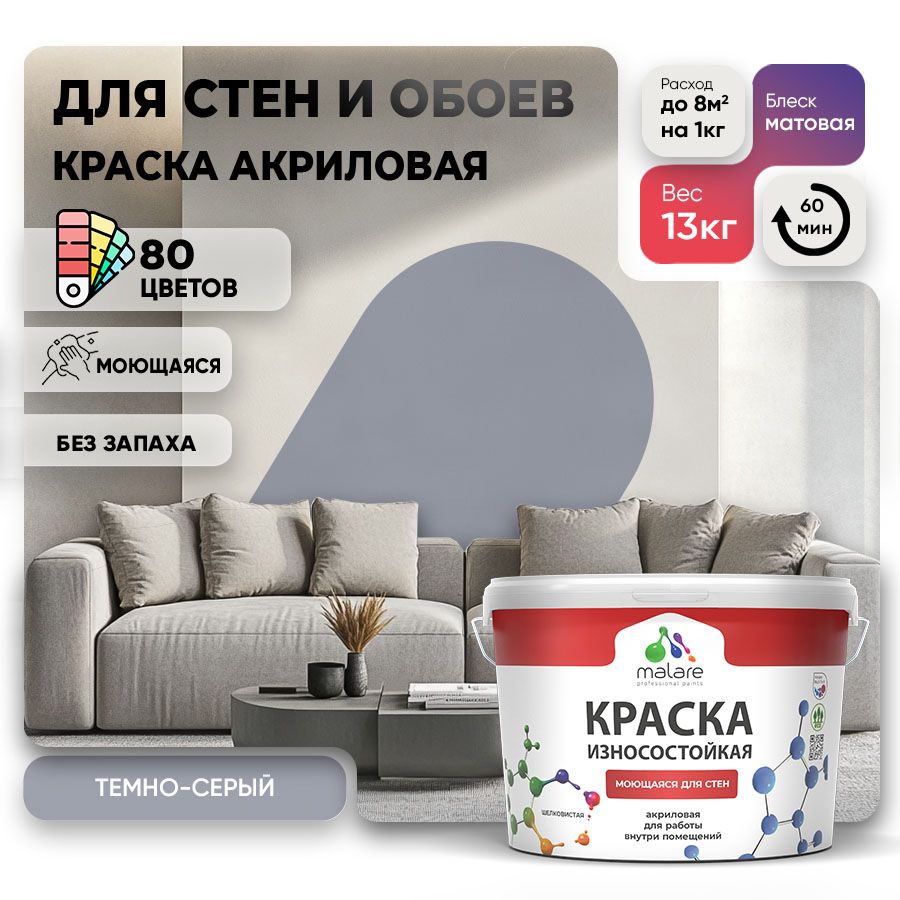 Акриловая износостойкая краска для стен и обоев Malare RESISTANT