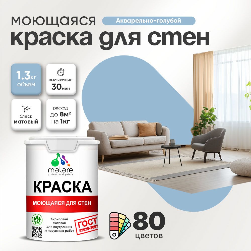 Акриловая моющаяся краска для стен и потолков Malare ГОСТ