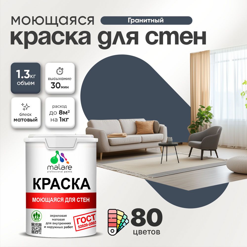 Акриловая моющаяся краска для стен и потолков Malare ГОСТ