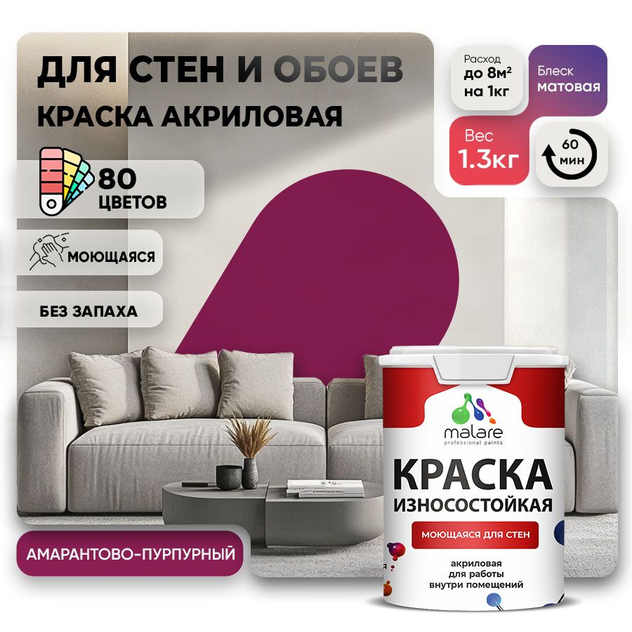 Акриловая износостойкая краска для стен и обоев Malare RESISTANT