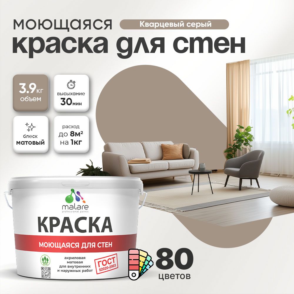Акриловая моющаяся краска для стен и потолков Malare ГОСТ