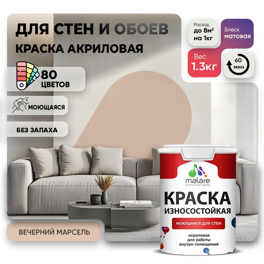 Акриловая износостойкая краска для стен и обоев Malare RESISTANT