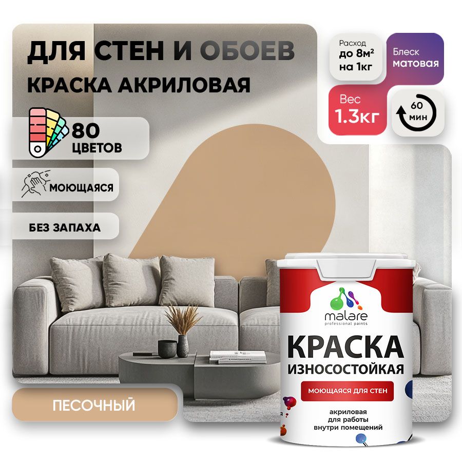 Акриловая износостойкая краска для стен и обоев Malare RESISTANT