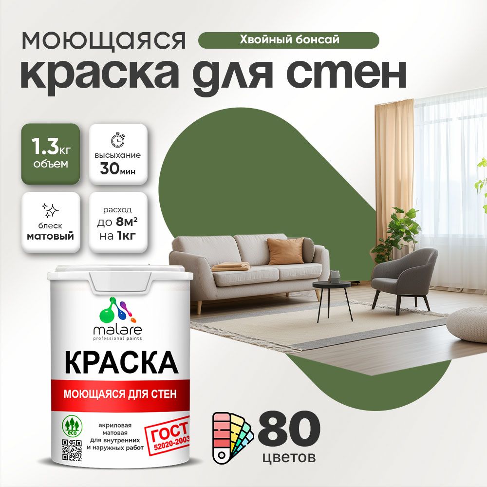 Акриловая моющаяся краска для стен и потолков Malare ГОСТ