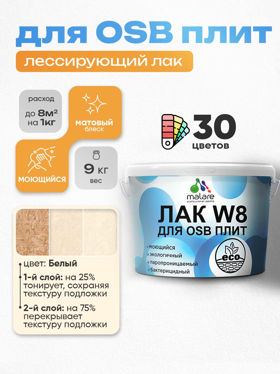 Акриловый водный колерованный лак для ОСБ плит Malare W8