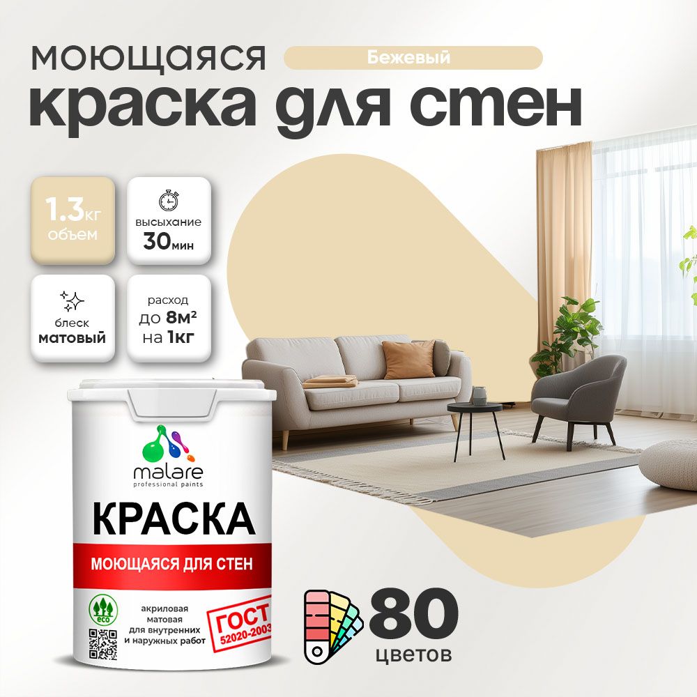 Акриловая моющаяся краска для стен и потолков Malare ГОСТ