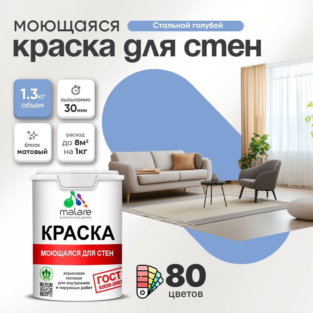 Акриловая моющаяся краска для стен и потолков Malare ГОСТ