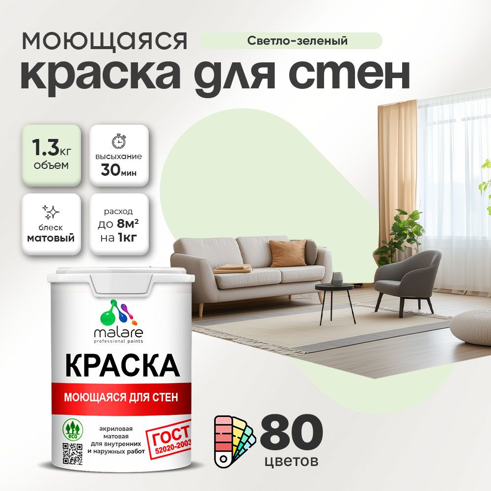 Акриловая моющаяся краска для стен и потолков Malare ГОСТ