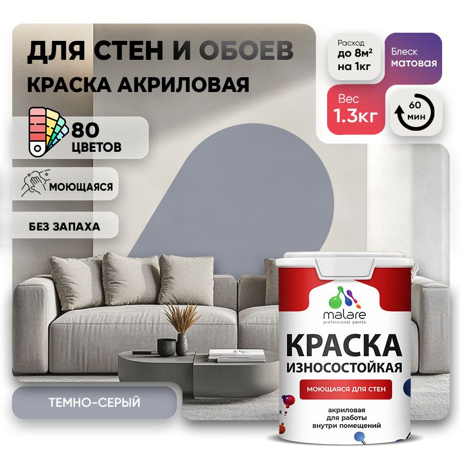 Акриловая износостойкая краска для стен и обоев Malare RESISTANT