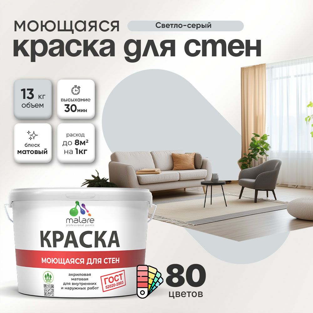 Акриловая моющаяся краска для стен и потолков Malare ГОСТ