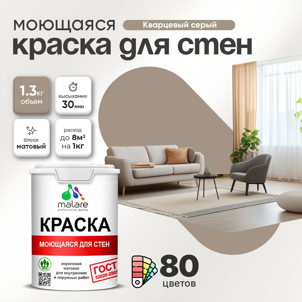 Акриловая моющаяся краска для стен и потолков Malare ГОСТ