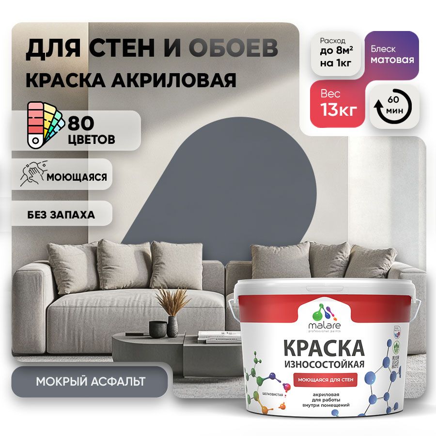 Акриловая износостойкая краска для стен и обоев Malare RESISTANT