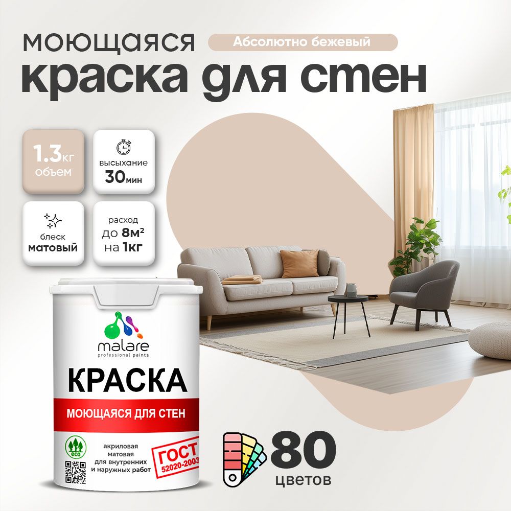 Акриловая моющаяся краска для стен и потолков Malare ГОСТ