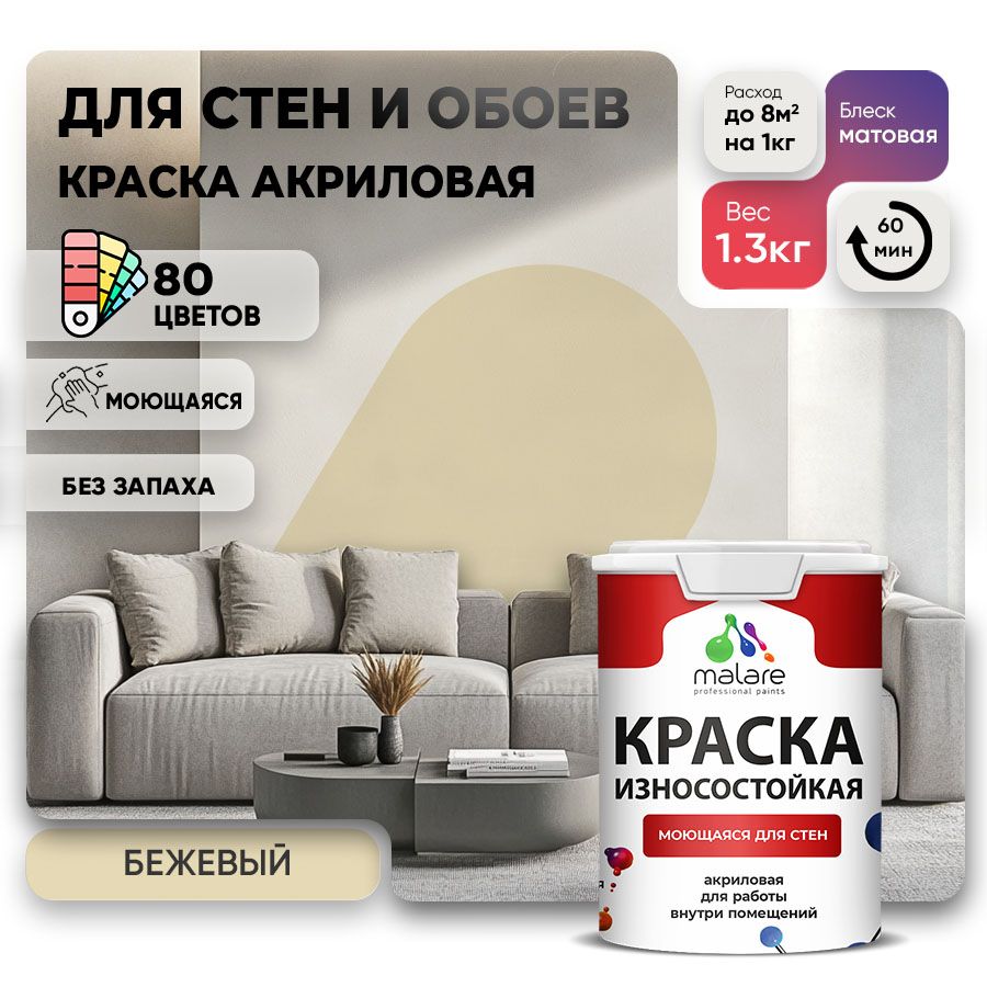 Акриловая износостойкая краска для стен и обоев Malare RESISTANT