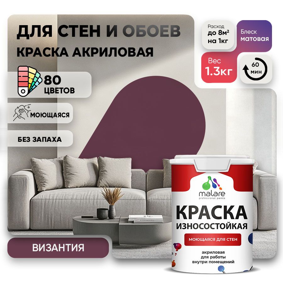 Акриловая износостойкая краска для стен и обоев Malare RESISTANT