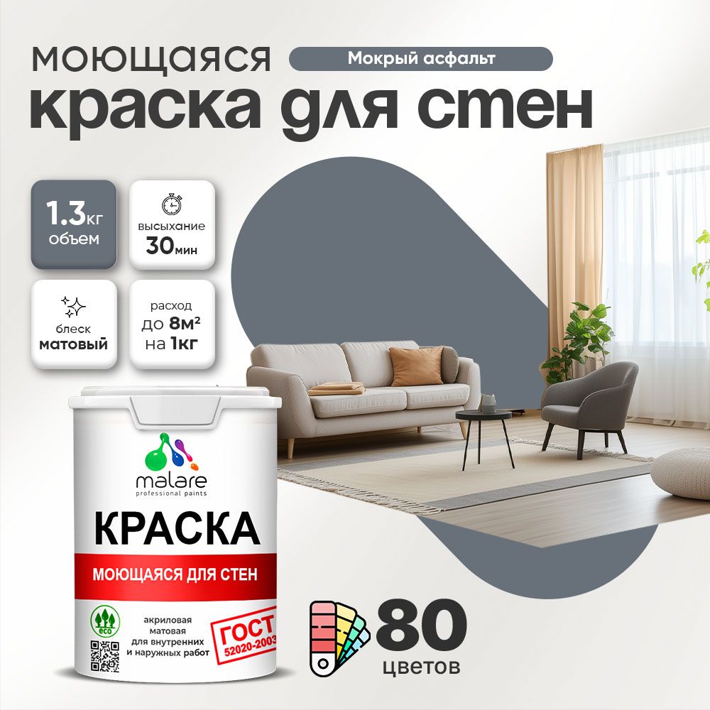 Акриловая моющаяся краска для стен и потолков Malare ГОСТ