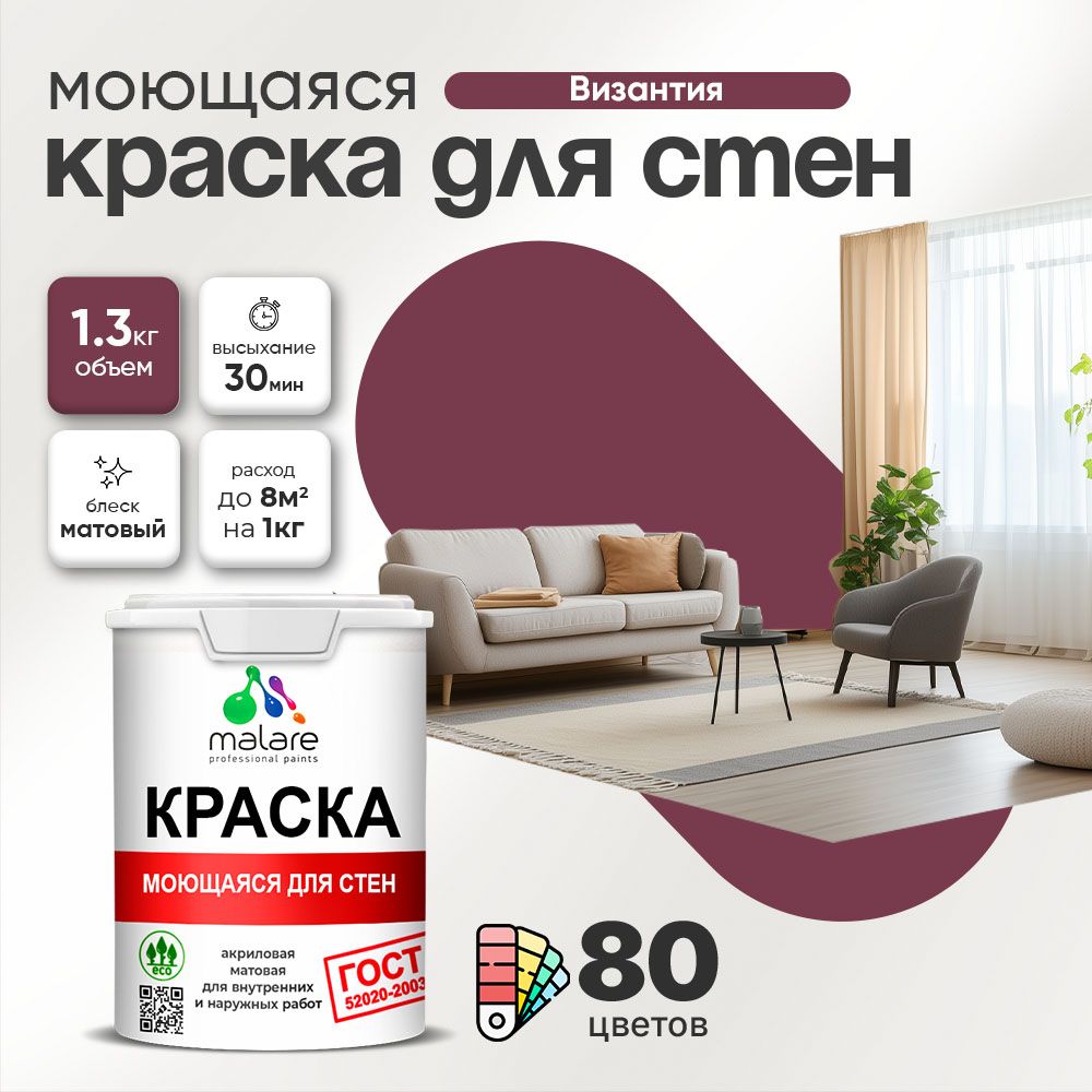Акриловая моющаяся краска для стен и потолков Malare ГОСТ