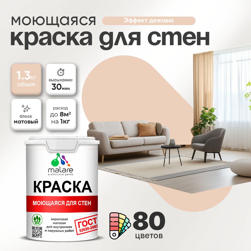 Акриловая моющаяся краска для стен и потолков Malare ГОСТ