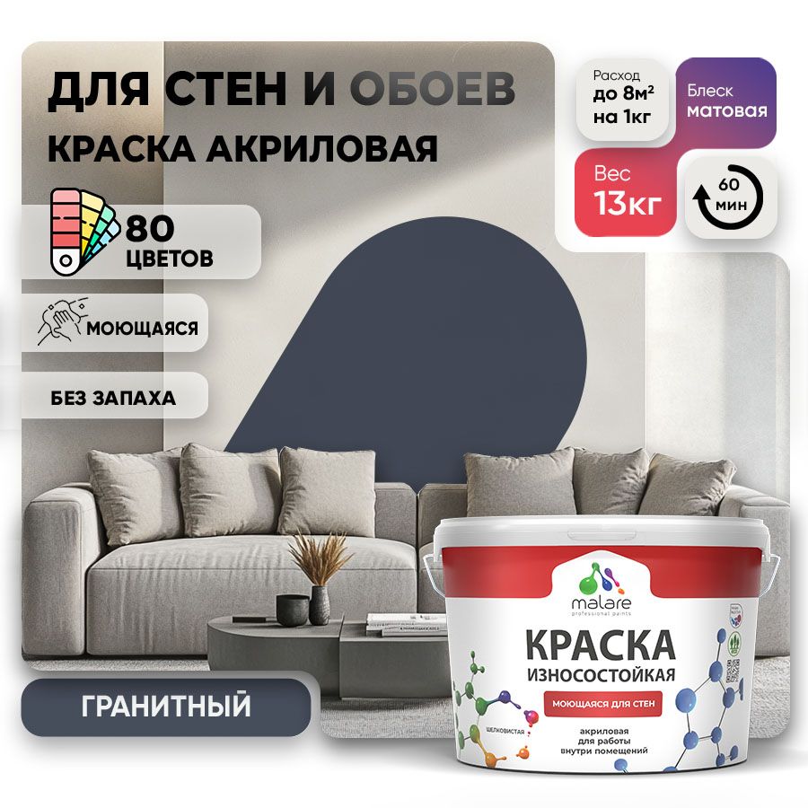 Акриловая износостойкая краска для стен и обоев Malare RESISTANT