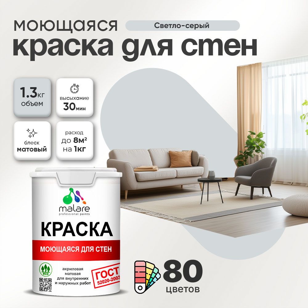 Акриловая моющаяся краска для стен и потолков Malare ГОСТ