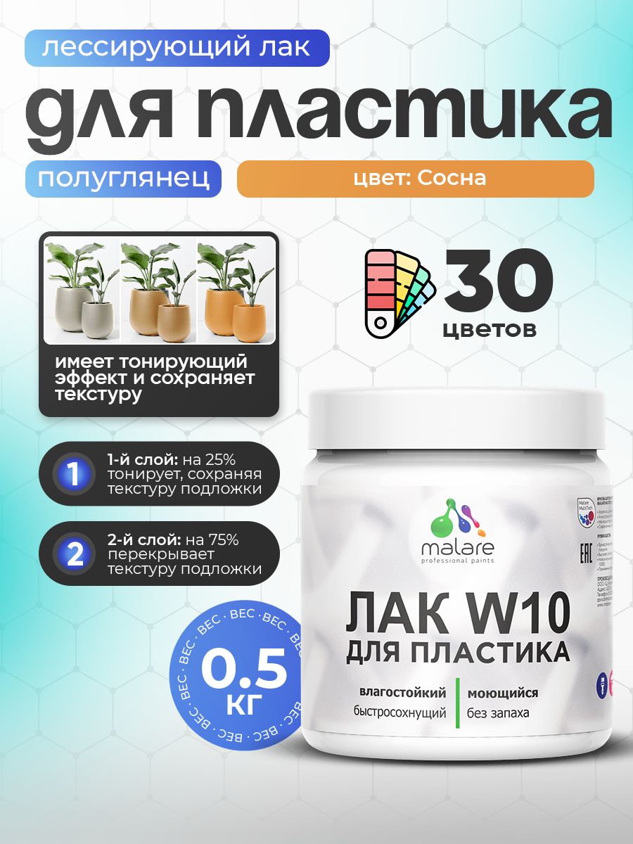 Акриловый водный колерованный лак для пластиковых поверхностей Malare W10