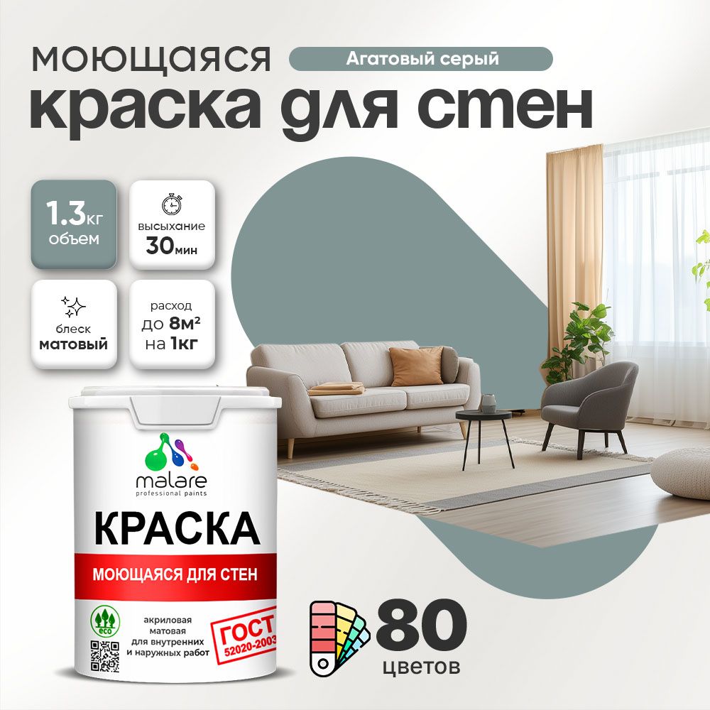 Акриловая моющаяся краска для стен и потолков Malare ГОСТ