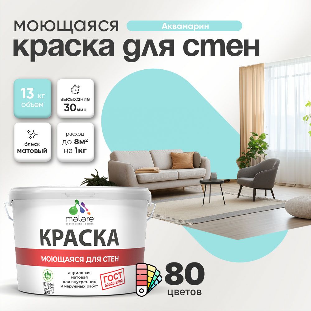 Акриловая моющаяся краска для стен и потолков Malare ГОСТ