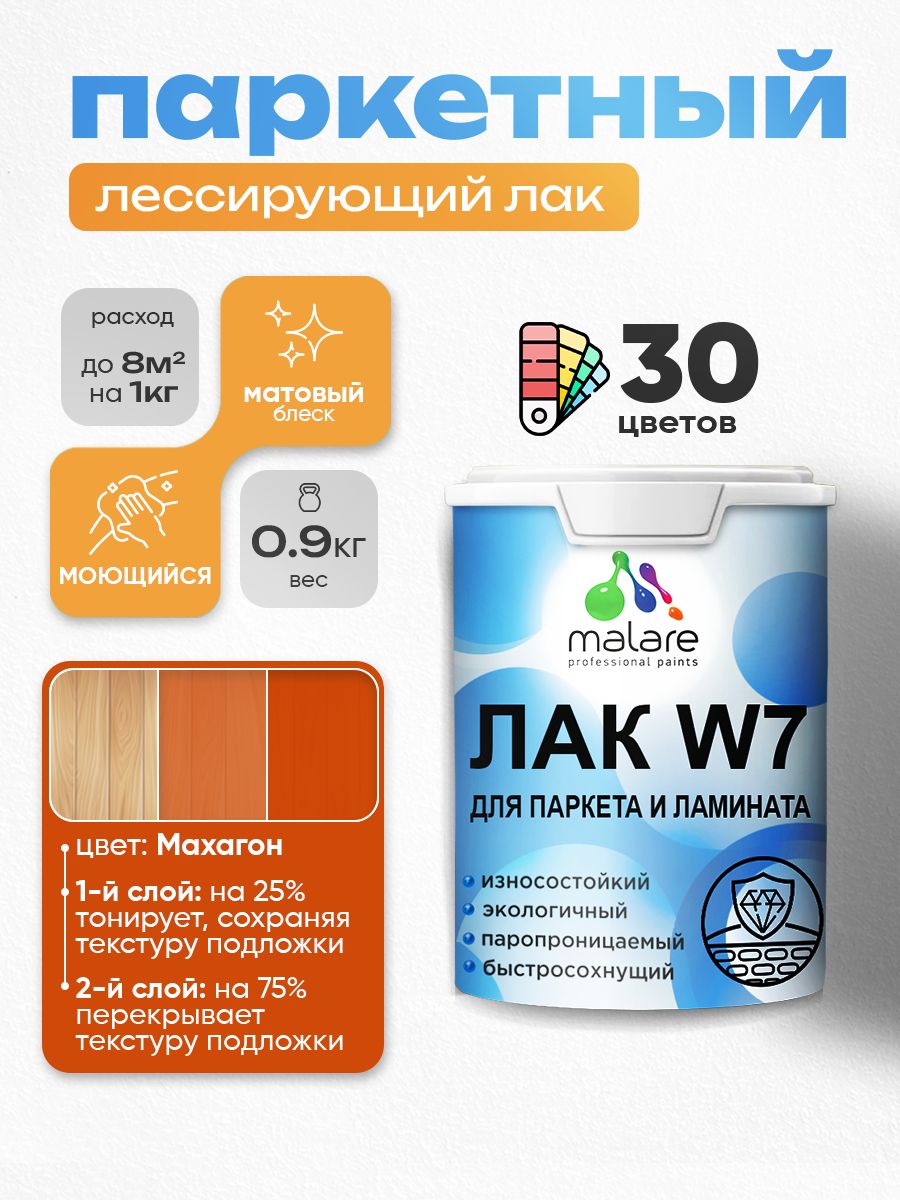 Акриловый водный колерованный лак для паркета и ламината Malare W7