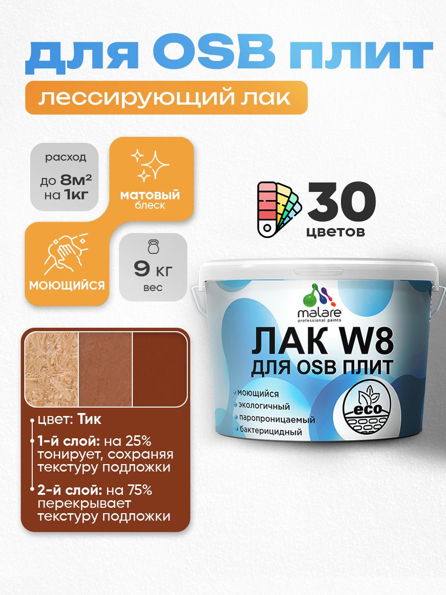 Акриловый водный колерованный лак для ОСБ плит Malare W8