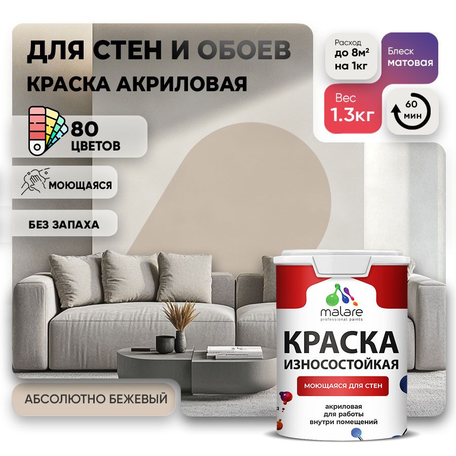 Акриловая износостойкая краска для стен и обоев Malare RESISTANT