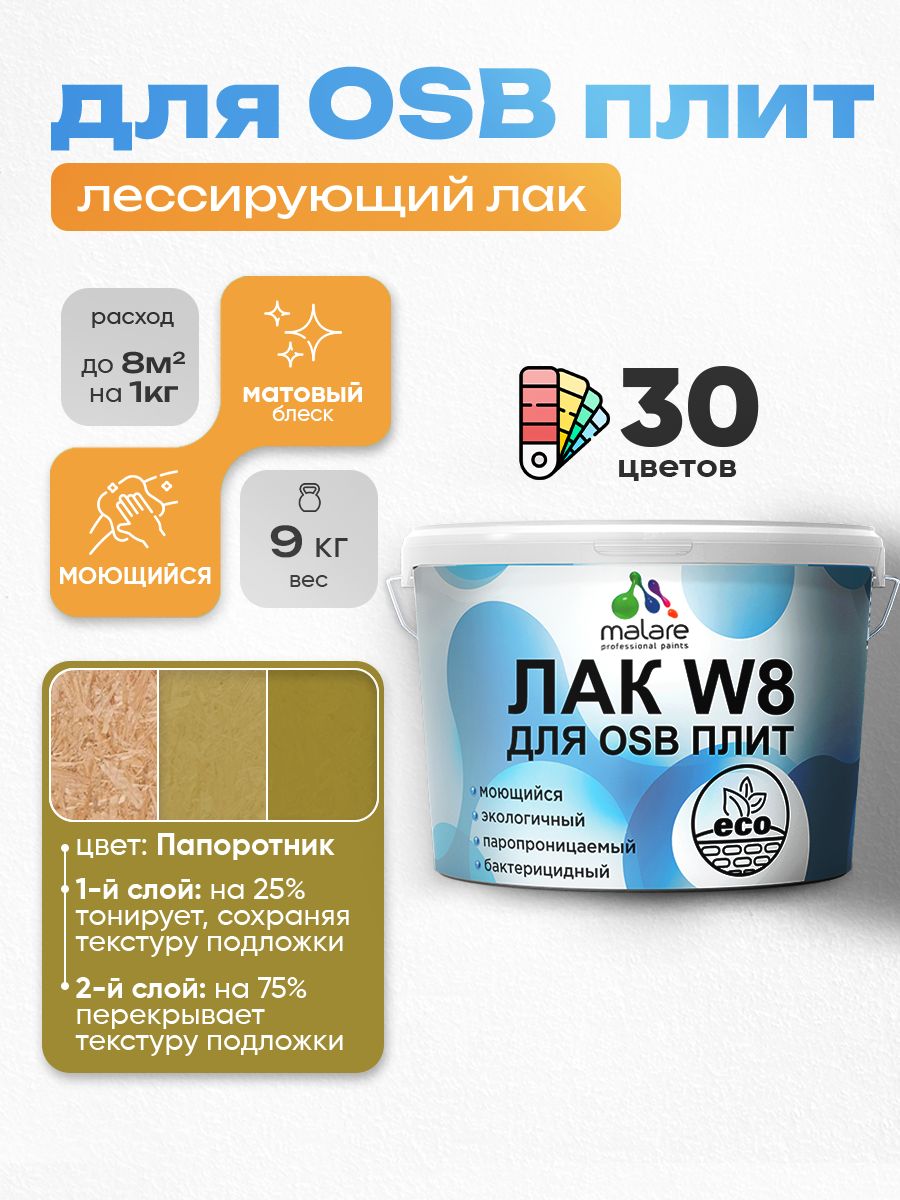 Акриловый водный колерованный лак для ОСБ плит Malare W8