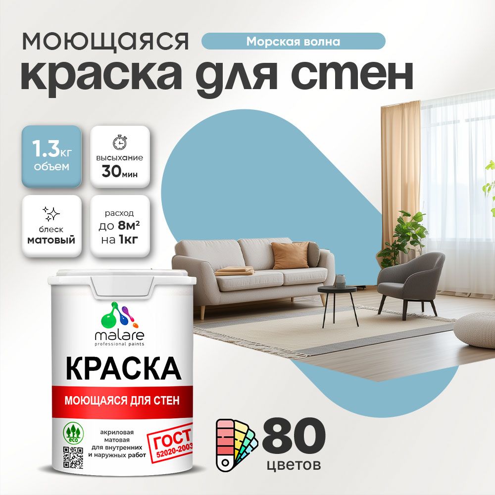 Акриловая моющаяся краска для стен и потолков Malare ГОСТ