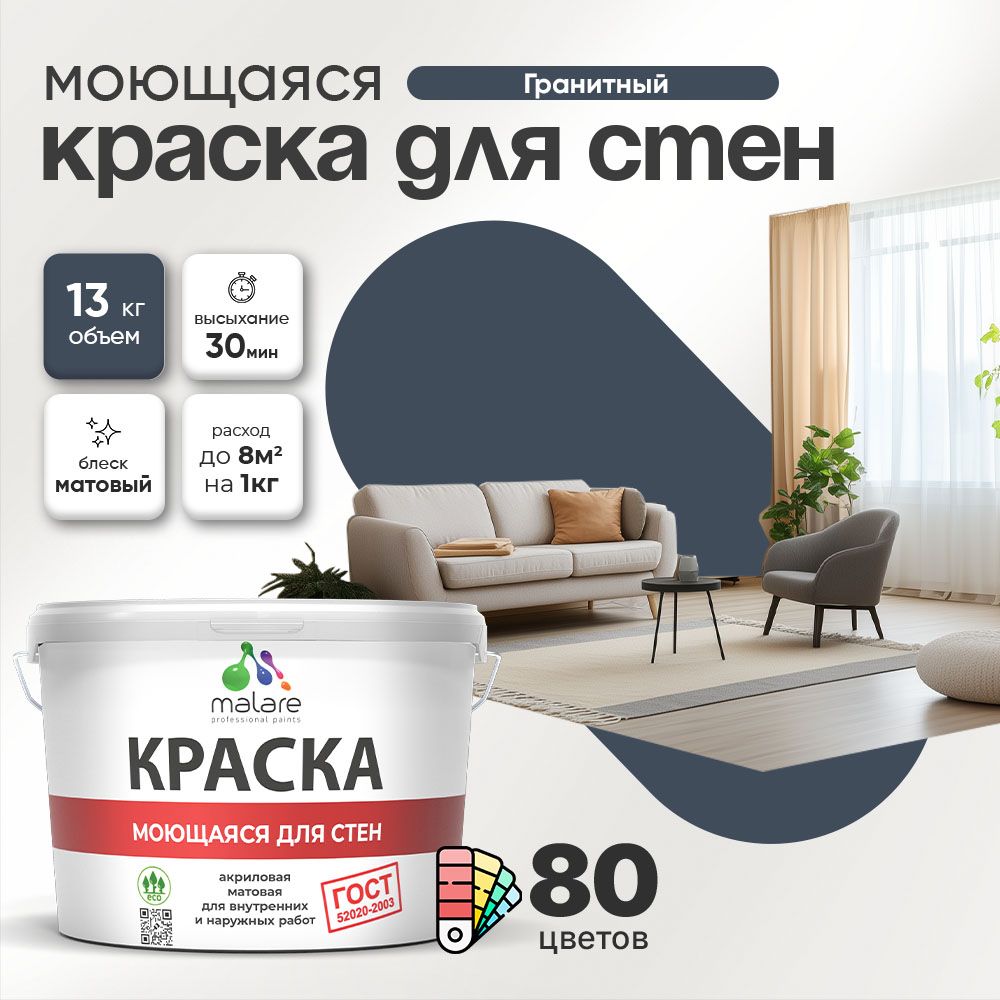 Акриловая моющаяся краска для стен и потолков Malare ГОСТ