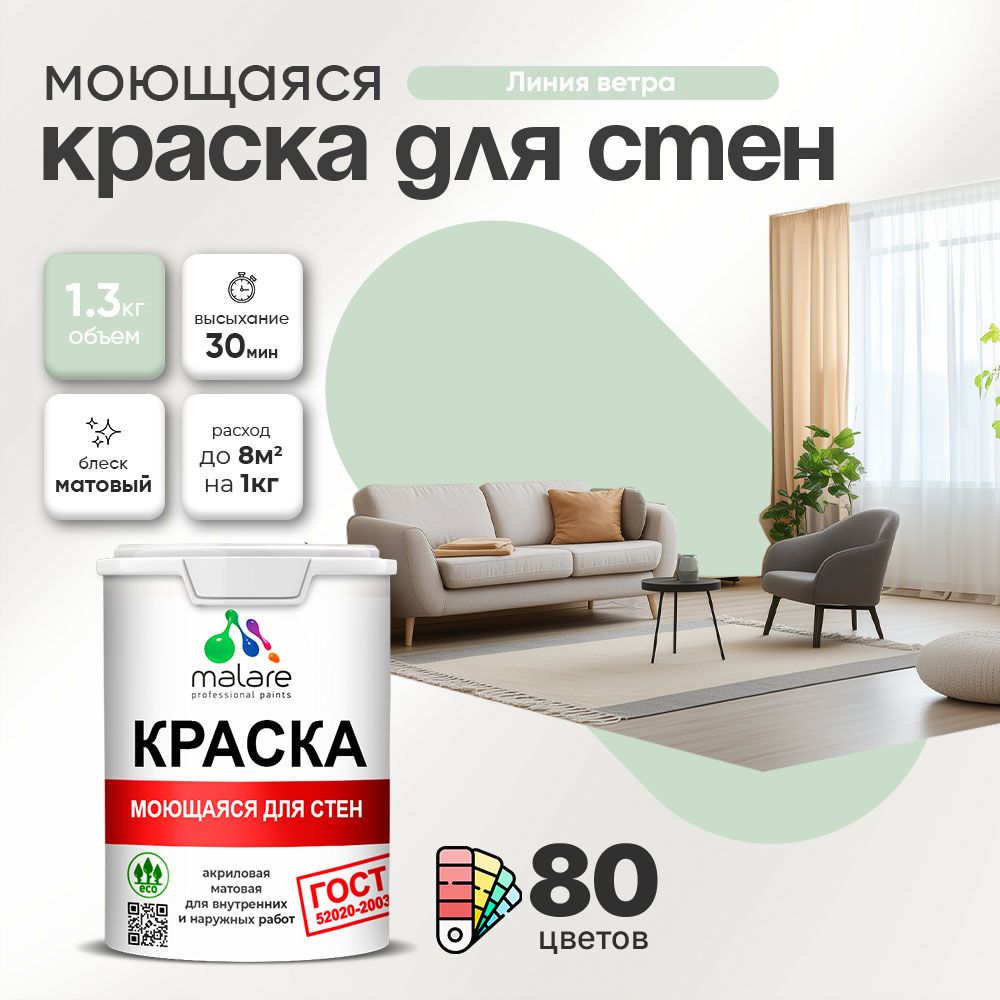 Акриловая моющаяся краска для стен и потолков Malare ГОСТ