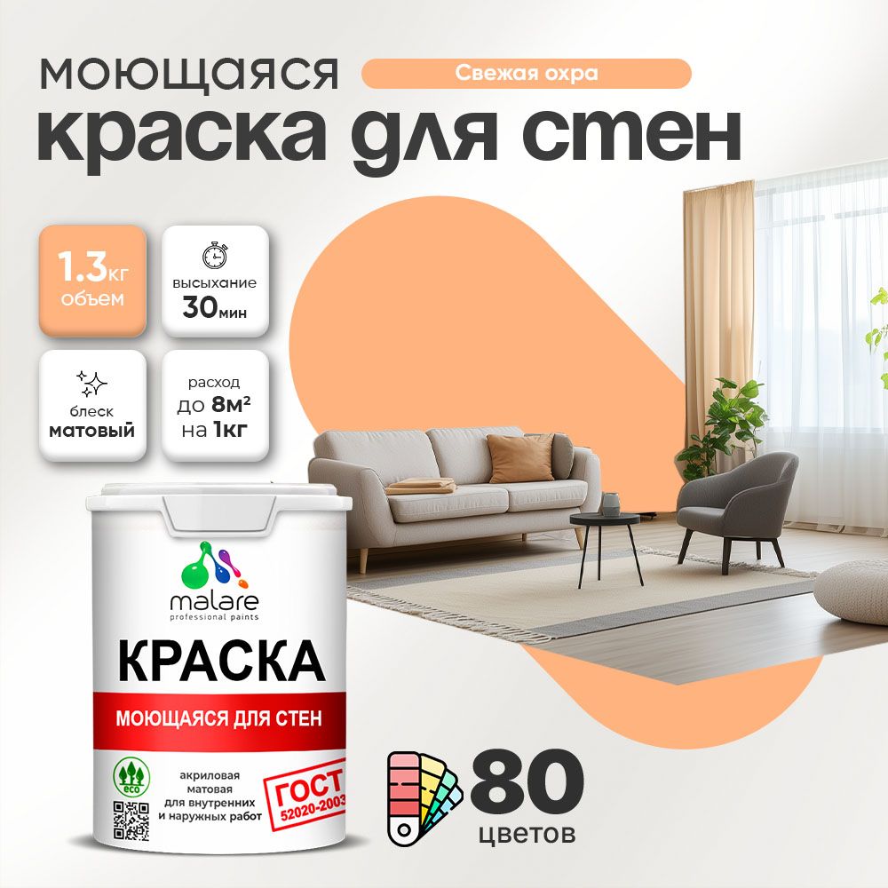 Акриловая моющаяся краска для стен и потолков Malare ГОСТ