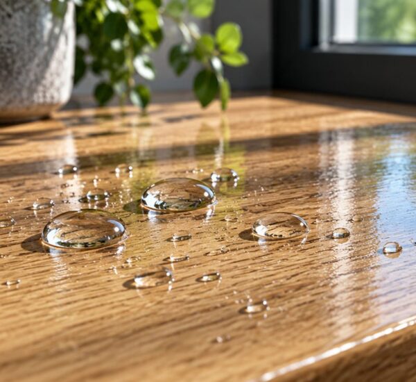 Капли воды на прозрачном лаковом покрытии деревянной поверхности